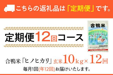 令和7年産 予約 合鴨米「ヒノヒカリ」（玄米・10ｋｇ）定期便12回コース※2025年10月中旬より順次出荷予定　BI07　