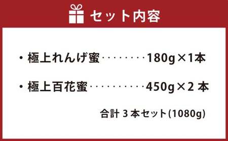 純国産 はちみつ 3本セット 計1080g（極上れんげ蜜×1本・極上百花蜜×2本）