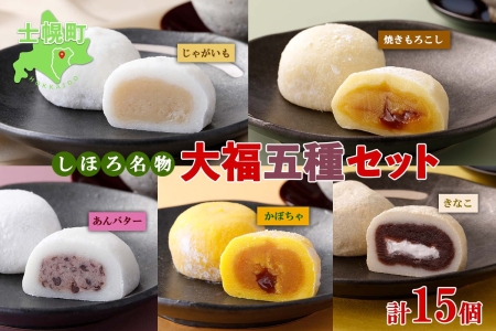北海道 道の駅 ピア21しほろ 名物 大福セット 各3個 計15個 じゃがいも かぼちゃ あんバター きなこ 焼きもろこし 大福 スイーツ 自家製餡 北海道産 小豆使用 和菓子 洋菓子 詰め合わせ 食べ比べ お取り寄せ 送料無料 十勝 士幌町【L05-7】