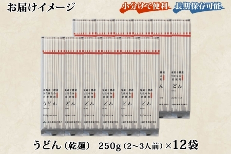 北海道産 うどん 250g×12袋 2-3人前 乾麺 干しうどん 麺 めん きたほなみ 小麦使用 小分け 個包装 保存 備蓄 贈り物 ギフト 送料無料 北海道 十勝 士幌町 【N05-2】