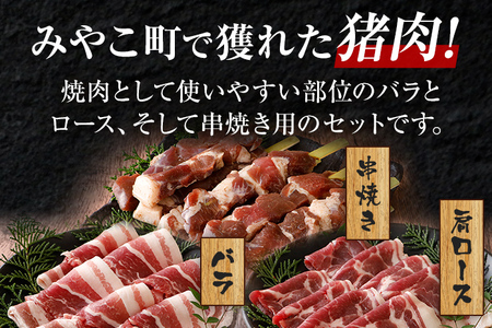 猪肉焼肉セット約900g（猪バラスライス約200g×2、猪肩ローススライス約200g×1、猪串焼き用約300g×1）ジビエ 猪 いのしし スライス 串 焼肉 焼き肉 アウトドア BBQ みやこ肉 獣 キャンプ イノシシ肉
