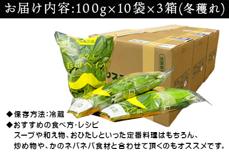 『先行予約』【12月上旬より順次発送】冬穫れハウスモロヘイヤ 100g×10袋×3箱 ネバネバ 高栄養価（βカロテン/各種ビタミン/カルシウム/カリウム/葉酸など) 定番おひたし 和洋中の各種スープ 色んなお料理のソースにも 野菜 ねばねば