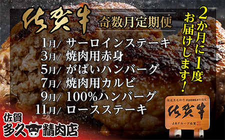 f-81 【奇数月に計６回】佐賀牛 定期便 | 牛肉 サーロイン ステーキ 焼き肉用 赤身 佐賀牛ハンバーグ 焼き肉用 カルビ 佐賀牛100％ハンバーグ ロース ステーキ