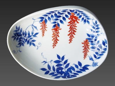 市川光山窯「色鍋島藤文蛤皿」 022-H1000