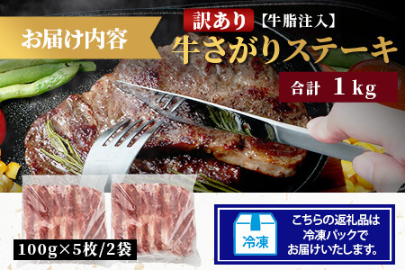 【訳あり】牛さがりステーキ 牛脂注入 100g ×5枚×2袋 合計1kg　柔らかさと溢れる旨さが自慢のお肉 牛肉 ステーキ 冷凍肉 大容量 加工肉 ふるさと納税 佐賀県 鹿島市　B-852