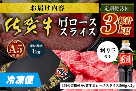 【定期便3カ月配送】＼とろける佐賀牛／【佐賀牛肩ローススライス1kg（500g×2パック）】小分けで便利 ブランド牛 霜降り 極上 高級肉 贅沢 すき焼き しゃぶしゃぶ 鍋 大容量 肉の甘み 柔らかい ギフトにも最適 定期便 3カ月 お中元 お歳暮 K-17