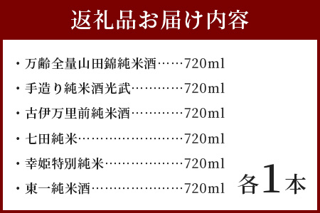 【TheSAGA認定酒】720ml 純米酒バラエティセット 合計6本(佐賀県共通返礼品) 2022春・秋 Bコース【万齢・光武・古伊万里前・東一・七田・幸姫】E-116