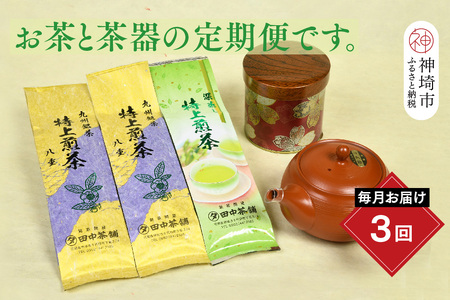 【毎月お届け3回】特上煎茶八重2本と季節のお茶1本(合計100g×3本) (H047105)