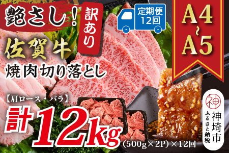 【12か月定期便】訳ありA4～A5 佐賀牛焼肉切り落とし 1kg(小分け)×12回(H112243)