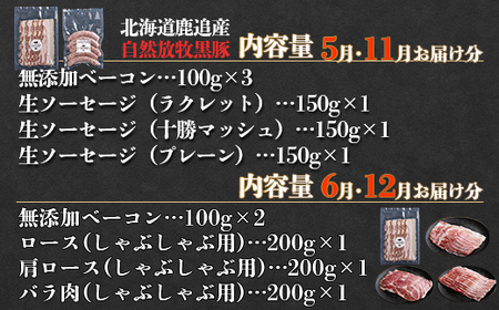 鹿追産 自然放牧黒豚 圧巻の豚肉おまかせ定期便（12ヶ月分） 【 ふるさと納税 人気 おすすめ ランキング 黒豚 自然放牧黒豚 ウインナー ソーセージ ベーコン 豚肉 加工肉 定期便 十勝 北海道 鹿追町 送料無料 】 SKN013