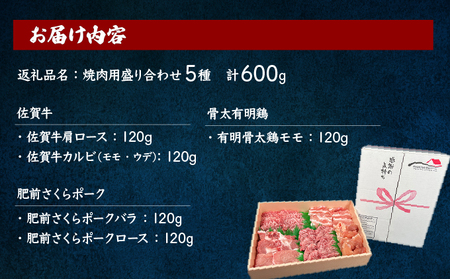 佐賀ざんまい！厳選5種焼肉盛り合わせ600g（2～3人前） 佐賀牛 肩ロース カルビ 肥前さくらポーク 豚バラ 豚ロース 有明骨太鶏 モモ B-1089