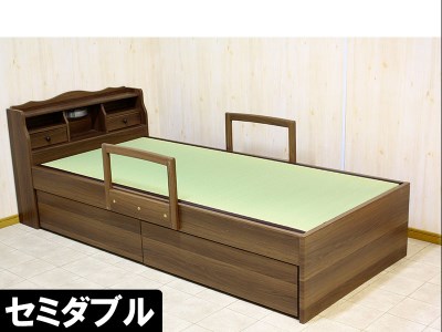 EO066_【開梱設置 完成品】セミダブル畳ベッド ダンケ ブラウン 棚・照明・手すり・引出し付き 家具