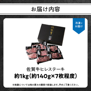【最速配送】佐賀牛ヒレステーキ 約1kg / 焼肉 ステーキ【E027】