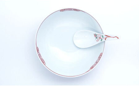 A25-442 赤絵万暦 ラーメン鉢 レンゲセット 有田焼 食器 うつわ 器 手描き 究極のラーメン鉢 まるぶん