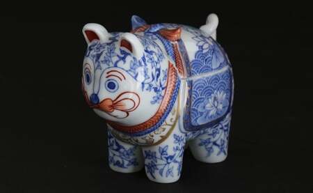 有田焼 禁裡御用（宮内庁）窯元 辻精磁社 染錦 未草文 犬筥 A875-2