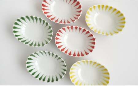 有田焼 菊渕楕円千代口 6個 セット 【富永陶磁器】 赤 黄 緑 菊割 十草 小鉢 小皿 楕円皿 薬味皿 おつまみ皿 和食器 食器 35000円 3.5万円 A35-600