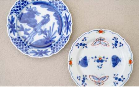 有田焼 13cm 輪花小皿 2柄セット ( 呉須染付花鳥 / 天啓花蝶 )【福珠窯】食器 うつわ 器 お祝い 取り皿 菓子皿 古典柄 A35-314