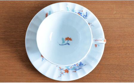 A150-47 深川製磁 【有田焼】色絵花鳥紋 ペア紅茶碗皿・ケーキ皿 