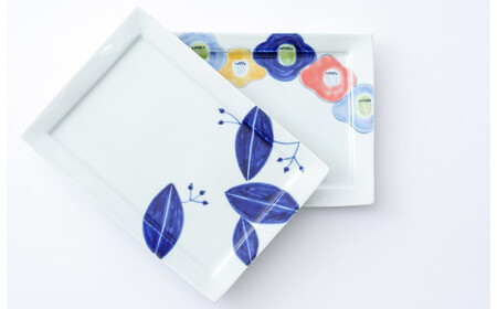 有田焼 長角トレイ hanahanaと染付リーフの2枚セット 大慶 A24-24