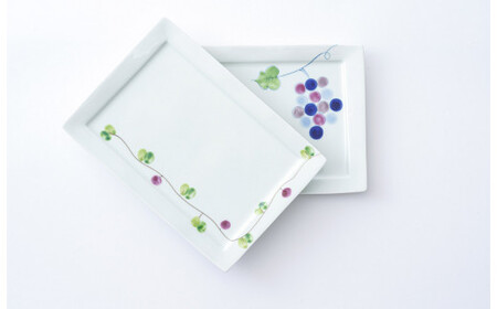 有田焼 長角トレイ オリーブ（朱）と彩りぶどうの2枚セット 大慶 A24-25