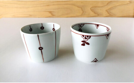 有田焼 ペア赤絵そば猪口（十草と小花）深海三龍堂 A17-15