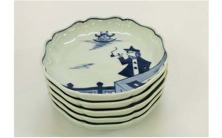 青花 船と異人シリーズ 絵変り八方割15cmプレート 5枚セット 小島芳栄堂 A45-132