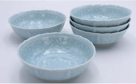 有田焼 唐草彫り 小鉢5ケセット（青磁）陶窯みかわや A18-190