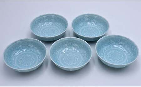 有田焼 唐草彫り 小鉢5ケセット（青磁）陶窯みかわや A18-190