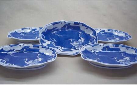 辻 有田焼 皿 4枚セット 有田焼 十四代 辻常陸 染付 桔梗文 うちわ型