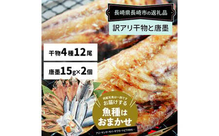 【全12回定期便】長崎加工 訳ありおまかせ干物 4種類 (12枚) と カラスミ詰め合わせ ／ わけあり ワケアリ 理由あり 干物 からすみ 訳アリ 定期便 長崎県 長崎市