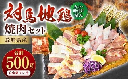 【7営業日以内発送】長崎県産 対馬地鶏 焼肉 セット (自家製タレ付)  計約500g ／ 鶏肉 地鶏 モモ肉 ムネ肉 国産 長崎