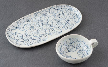 〈玉峰窯〉葡萄絵･木の葉絵モーニングセット