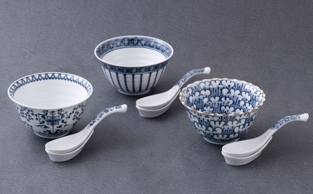 〈平戸松山窯〉創作染付小丼とレンゲ(受皿付)のセット