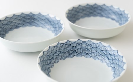 〈平戸松山窯〉創作染付間取青海波丸深取鉢3枚揃