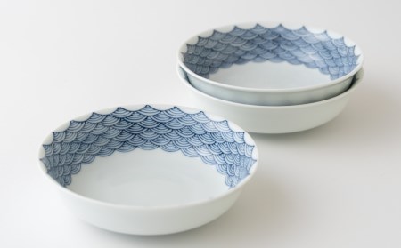 〈平戸松山窯〉創作染付間取青海波丸深取鉢3枚揃