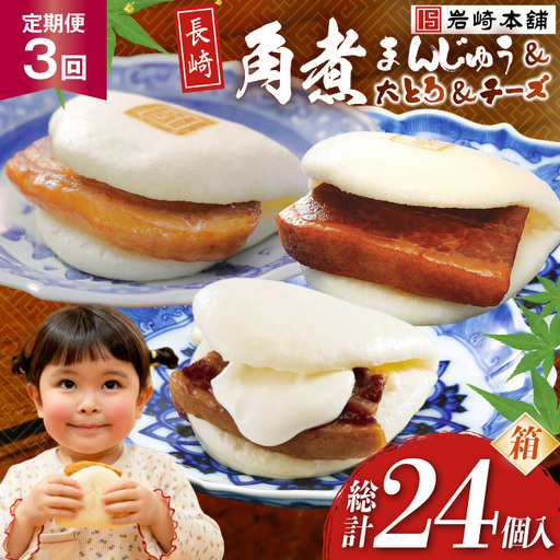 BJ517 岩崎本舗 【3回定期便】三種食べ比べセット(長崎角煮まんじゅう 4個・大とろ角煮まんじゅう 2個・チーズ角煮まんじゅう 2個) (箱) [岩崎食品 長崎県 島原市]