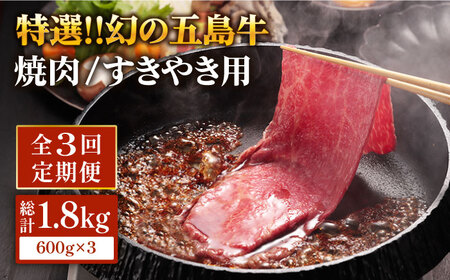 【3回定期便】五島牛 肩ロース600g（焼肉用/すき焼用） 五島市/ニク勝[PBF010]  やきにく 焼肉 すきやき 牛肉 牛 にく 肩ロース 国産 冷凍
