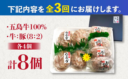 【3回定期便】五島牛 ハンバーグ2種 8個（各4個） 五島市/ニク勝[PBF012]  はんばーぐ 牛肉 牛 にく おかず 国産 冷凍