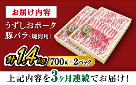 【訳あり】【3回 定期便 】 焼肉用 長崎うずしおポーク 豚バラ（ 焼肉 用）1.4kg 長崎 豚 豚肉 焼き肉 バラ BBQ ブランド豚＜スーパーウエスト＞ [CAG113]