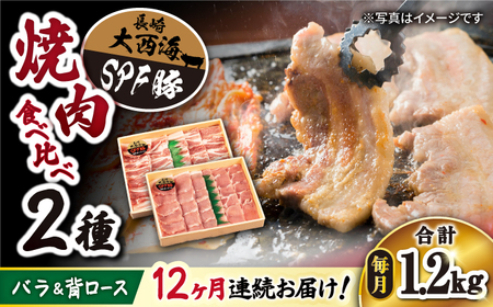 【12回 定期便 】 大西海 SPF豚 背ロース ＆ バラ（ 焼肉 用）計1.2kg（各600g） ＜大西海ファーム＞ [CEK102]