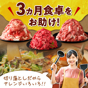 お料理に大活躍 ！ 切り落とし肉 食べ比べ 定期便 【ブランド牛 十勝若牛 雪晴れ豚 便利な牛肉 豚肉 3回 定期便】_S999-0015