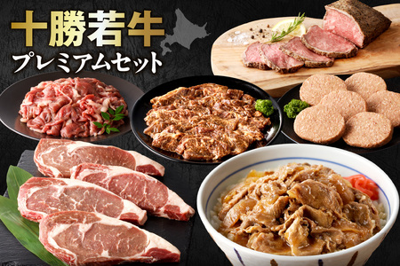 十勝若牛  プレミアム セット 【 ヘルシー 低カロリー 牛肉 肉 赤身 豊かな旨味 ロースステーキ 切り落としスライス ローストビーフ ハンバーグ 牛丼の具 味付サガリ 牛肉サミット2012優勝 こだわり 贈り物 お取り寄せ ギフト お中元 お歳暮 のし 熨斗 北海道 清水町 】_S003-0017