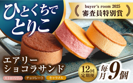【12回定期便】エアリーショコラサンド 毎月9個（チョコレート/ストロベリー/キャラメル各3個）[EBV052]  クッキーサンド ショコラサンド デザート スイーツ クッキー チョコレート ストロベリー 焼き菓子 洋菓子 お菓子 おやつ すいーつ くっきー セット 詰め合わせ 詰合せ ギフト  定期便