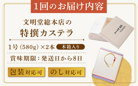 【全6回定期便】【木箱】特撰カステラ2号（1号580g×2本）長与町/文明堂総本店[EAK037]  カステラ かすてら 文明堂 長崎カステラ 贈答 ギフト 和菓子 熨斗 手作り 黄色い ざらめ ザラメ 定期便 定期