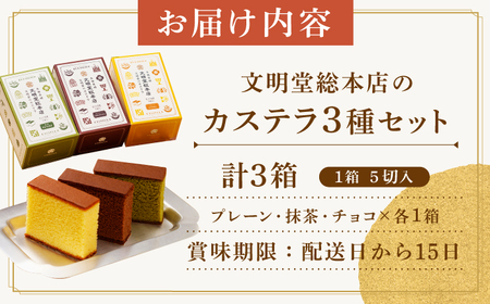 【年内発送】カステラ 5切×3種（ プレーン / 抹茶 / チョコレート ） カット包装 長与町/文明堂総本店 [EAK005] カステラ かすてら 長崎 贈答 ギフト かすてら ざらめ ザラメ カット済み カット 個包装 お取り寄せ 年内発送 年内