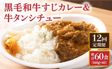 【全12回定期便】 黒毛和牛 牛すじカレー ＆ 牛タンシチュー 毎月5食  長与町/炭火焼肉あおい [EBW005] 定期便  定期 定期便 定期 複数 定期便 毎月 定期便 届く 定期便 定期便