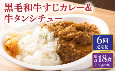 【全6回定期便】 黒毛和牛 牛すじカレー ＆ 牛タンシチュー 毎月3食 長与町/炭火焼肉あおい  [EBW008] 黒毛和牛 カレー かれー 牛すじカレー 牛スジカレー 牛タン 牛たん シチュー レトルト 簡単 常温 定期便