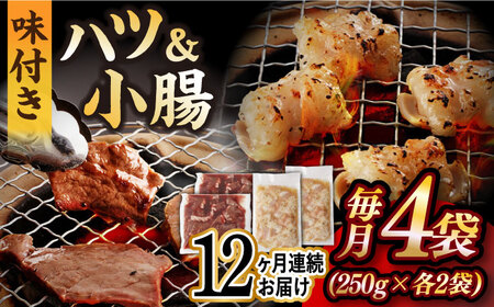 【全12回定期便】【塩だれ】九州産和牛 ホルモン 2種 計1kg（ ハツ 250g×2袋・ 小腸 250g×2袋） 長与町/岩永ホルモン [EAX141]国産 牛肉 ミックス 小分け 味付き 冷凍 焼肉