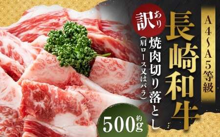 【訳あり】【A4～A5】 長崎和牛 焼肉切り落とし （肩ロース・バラ） 約500g ／ 和牛 牛肉 ぎゅうにく お肉 おにく 肉 にく 肩ロース バラ カルビ 切り落とし 焼肉 やきにく BBQ 長崎県 時津町 冷凍