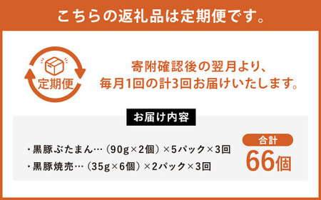 【3ヶ月定期便】 九州産 黒豚セット 2種 22個 ×3回 【FT13】 ぶたまん 焼売 パック 豚肉